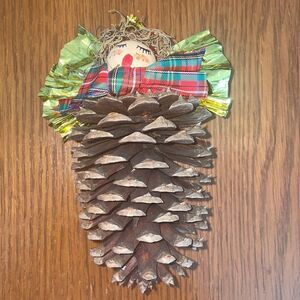 Fun & kitschy pine cone singing angel Christmas ornament with gold wings & halo